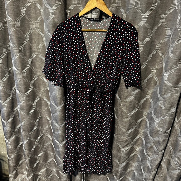 Zara Dresses & Skirts - Zara Polka‎ Dot Midi Dress Wrap Tie Belt Short Sleeve XS